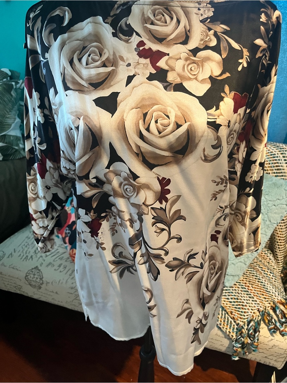White House Black Market Black, Silk Cream & Burgundy Rose-Print Tunic